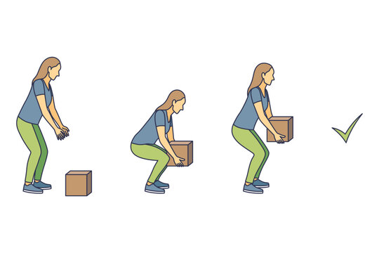 Lifting technique safe movement. Safety. Correct instruction for moving heavy packages for workers. Ergonomic movement for loading objects vector flat illustration