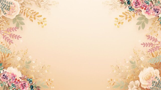 Floral corner arrangements with pastel flowers and leaves on a soft gradient background viewed from directly above