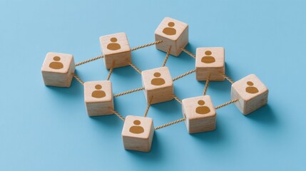 Obraz premium Wooden Blocks Connected by Strings Represents Networking and Collaboration Concepts in a Creative Visualization