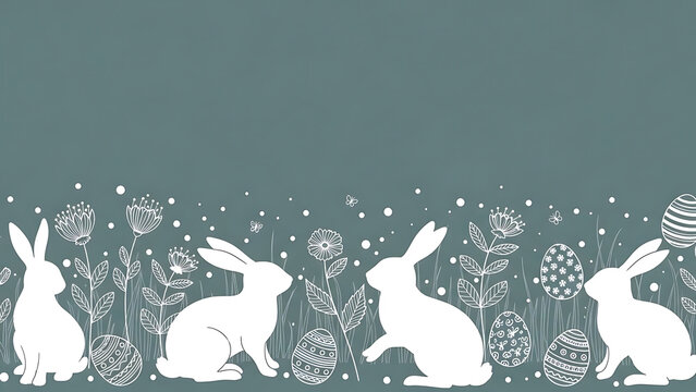 A whimsical Easter illustration featuring white rabbits and decorated eggs in a floral setting