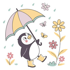 Obraz premium Cute Cheerful Penguin, accessorized with under an umbrella, in a Spring world – Blooming Renewal palette vector