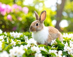 A small, adorable rabbit with brown and white fur sits amidst white flowers and green leaves, bathed in soft sunlight