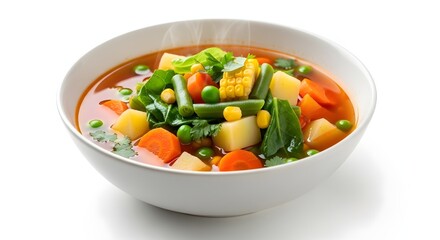 Bowl of hearty vegetable soup with fresh ingredients isolated on white background