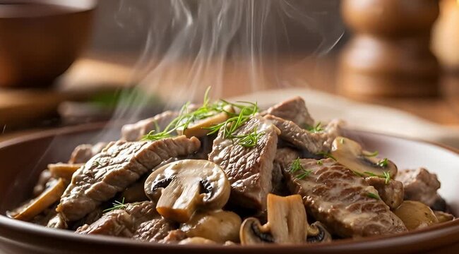 Video 4k Steaming beef stroganoff with mushrooms and rosemary, a hearty and delicious meal