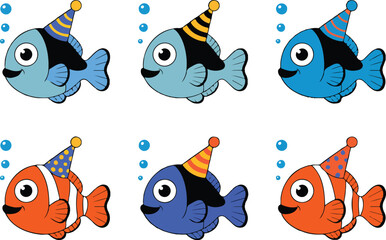 Cute Party Fish Outline Icon Set Hats, Bubbles, and Underwater Fun