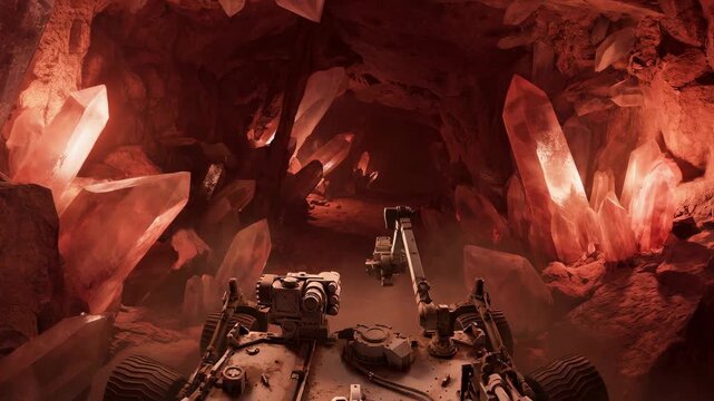 An exploratory vehicle navigates a surreal cavern filled with glistening crystals.