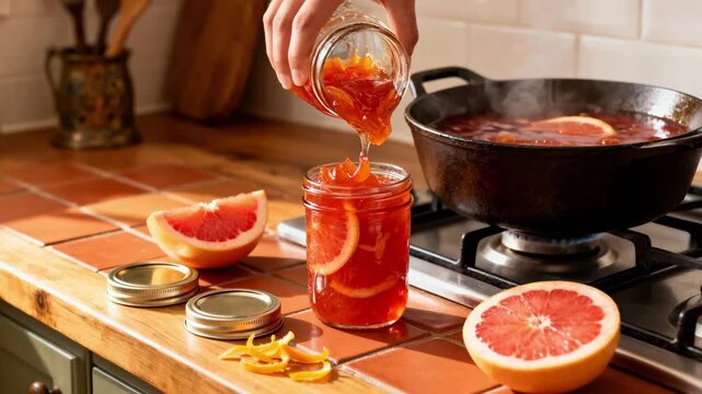 Warm kitchen scene with grapefruit marmalade gently simmering on the stove captured midpour into small jars emphasizing the artisanal canning method and bright fruit hues.