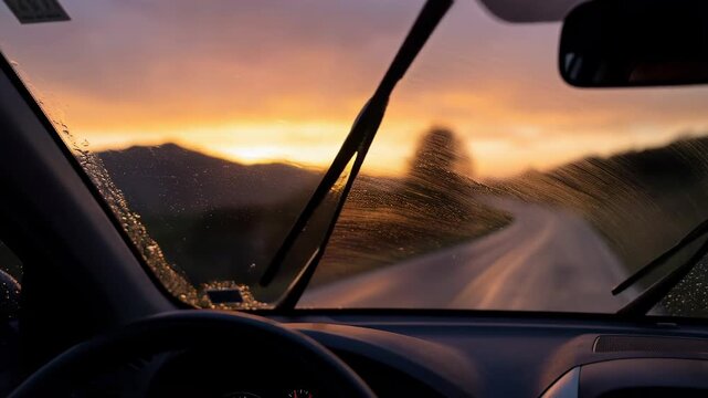 A picturesque view through a car windshield as the wipers clears the rain drops during golden hour, revealing a winding road leading towards the serene distance. 