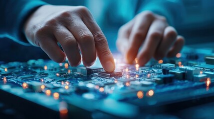 Fototapeta premium Technician Conducting Precise Repairs on a Circuit Board in a High-Tech Environment