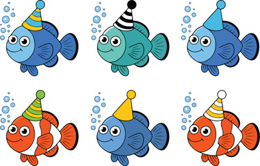 Cute Party Fish Outline Icon Set Hats, Bubbles, and Underwater Fun