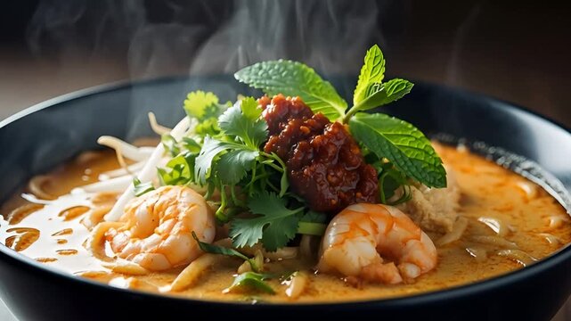 Video 4k Steaming hot bowl of delicious shrimp laksa noodle soup with fresh herbs and chili paste