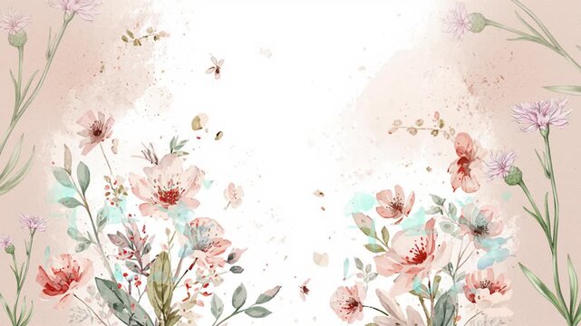A delicate and vibrant floral arrangement featuring a variety of flowers, butterflies, and bees, set against a soft peach background with a white center.