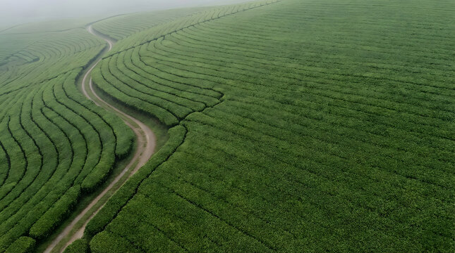 Misty Morning Tea Estate Aerial View Pathway