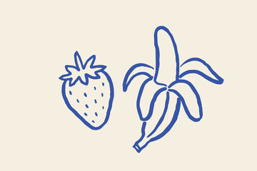 Strawberry and banana doodle line art vector illustration © Victoria