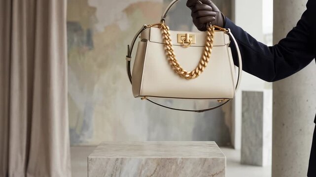 An elegant beige handbag with a gold chain strap, held up gracefully, showcasing its luxurious design in a well-lit studio setting.