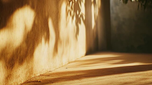 Warm golden hour sunlight on a stucco wall and ground, soft dappled leaf shadows creating a tranquil, abstract pattern and warm, rustic texture in an empty outdoor corner