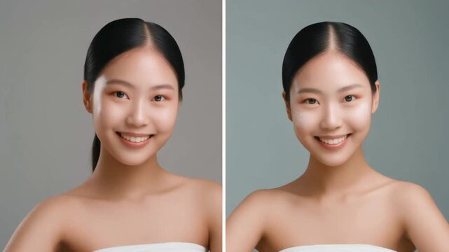 Woman applying makeup remover with cotton pads on face