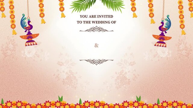Vibrant Indian Wedding Invitation with Peacocks and Floral Decorations on a Gradient Background from a Straight-On Viewpoint