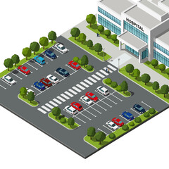 Isometric hospital parking lot with cars and trees. © ipul