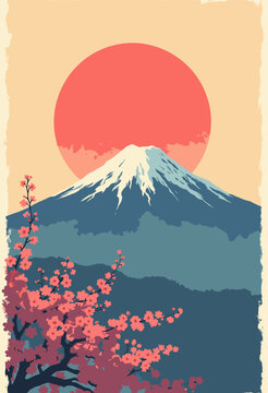 Vertical retro poster Mount Fuji, Japan mountain peak red sun behind it Cherry blossom silhouette foreground Warm palette