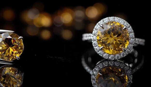 Round brilliant cut yellow citrine gemstone held by precision tweezers on the left, elegant white gold ring with large yellow citrine center stone surrounded by diamond halo on the right