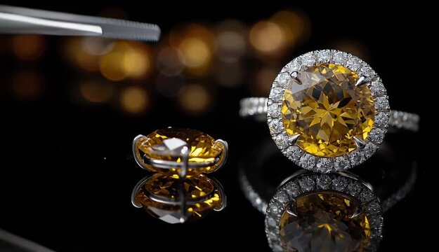 Round brilliant cut yellow citrine gemstone held by precision tweezers on the left, elegant white gold ring with large yellow citrine center stone surrounded by diamond halo on the right