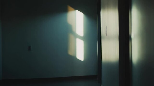 Empty hallway creating a quiet and mysterious atmosphere, with bright light shafts reflecting off the shiny floor, evoking concepts of isolation, passage, and an unknown future