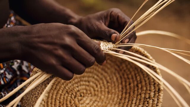 African Artisan Hands Weaving Traditional Basket in Rural Setting