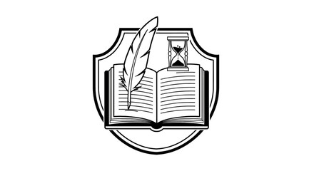 A black and white emblem featuring an open book, a quill pen, and an hourglass symbolizing education and history
