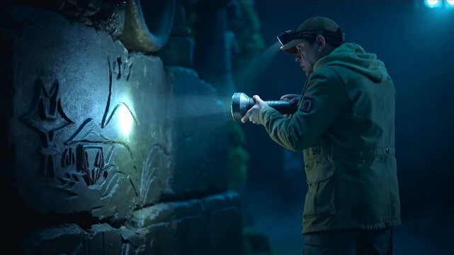 Adventurer examining ancient stone carvings with flashlight in dark cave. Discovery of mysterious petroglyphs during archaeological exploration. Panning camera movement.