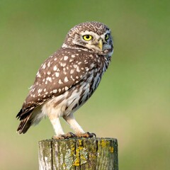 Naklejka premium A small, speckled brown and white owl perched on a weathered wooden post against a soft green background. It has bright yellow eyes