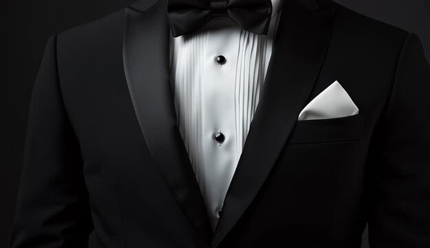 Close-up portrait of a man wearing elegant black tuxedo with satin lapels, crisp white pleated dress shirt with black buttons, black bow tie, white pocket square in breast pocket