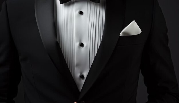 Close-up portrait of a man wearing elegant black tuxedo with satin lapels, crisp white pleated dress shirt with black buttons, black bow tie, white pocket square in breast pocket