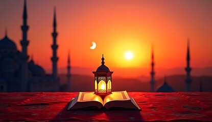 3d lantern in the evening, sunset, lamp