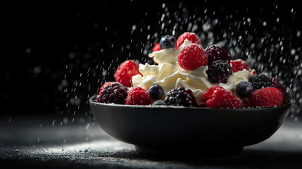 Fresh berry dessert with cream, black background, dramatic lighting