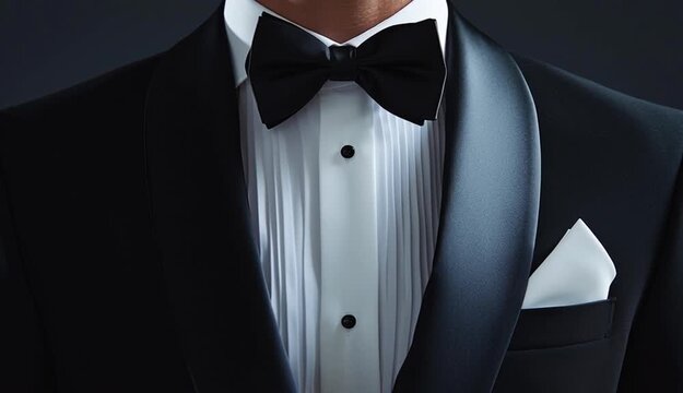 Close-up portrait of a man wearing elegant black tuxedo with satin lapels, crisp white pleated dress shirt with black buttons, black bow tie, white pocket square in breast pocket