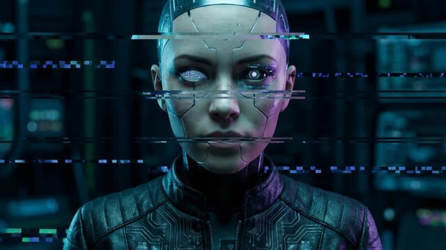 Female humanoid robot with glowing digital eyes experiencing system glitch. Artificial intelligence malfunction with visual distortion. Lockdown close-up shot.