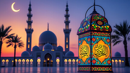 3d white mosque, grand domes and minarets lit, with a colorful lantern in the foreground and palm silhouettes
