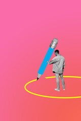 Vertical creative photo trend collage of happy man stand pencil scribble art subject high-school...