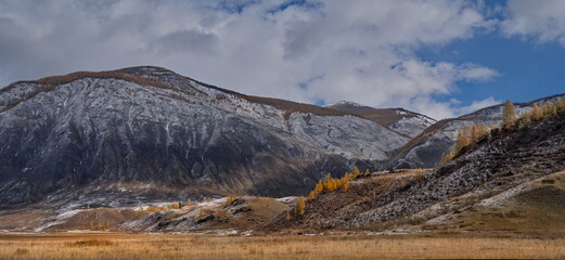 Fototapeta premium Russia. The South of Western Siberia, the Altai Mountains. A fascinating view of the mountains with yellow larches, dusted with the first autumn snow, along the Chuya highway in the valley of the Chuy