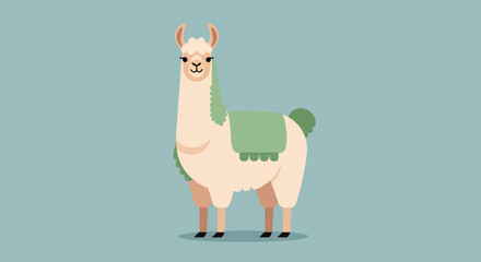 Obraz premium Cute cartoon llama standing on a plain background with a decorative green blanket.