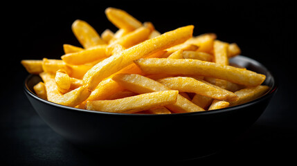 Golden french fries served in black bowl, cinematic lighting