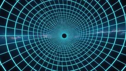 Fototapeta premium Neon Blue Grid Tunnel to a Dark Void in Deep Space. Sci-Fi Warp Perspective. Technology Cosmic Journey.