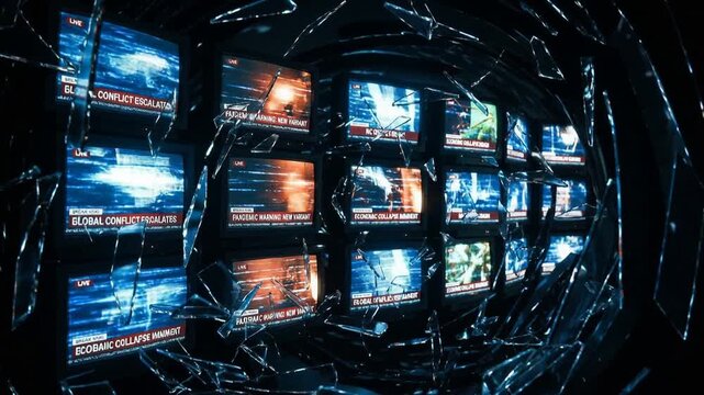 Multiple television screens displaying global crisis news through shattered glass. Static wide shot.