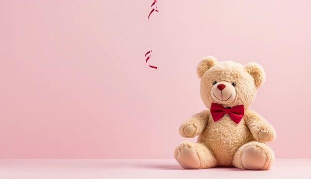 Cute brown teddy bear with red bow tie sitting on pink surface, holding a shiny red metallic heart-shaped balloon with curled ribbon, soft pink gradient background from light to medium pink, Valentine