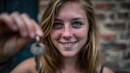 Bright Smiling Girl Portrait with Key Close Up.