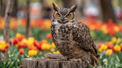 Brown owl sitting on tree stump.