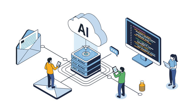Artificial intelligence technology concept featuring cloud storage, servers, and developers working on AI integration.