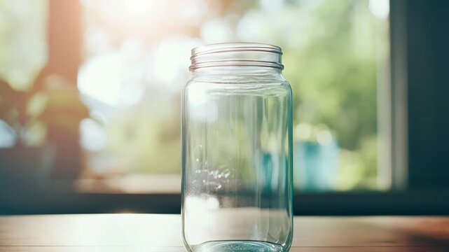 Empty clear glass jar resting on a wooden table, capturing sunlight with green blurred foliage providing a natural background, symbolizing freshness, simplicity, and storage potential