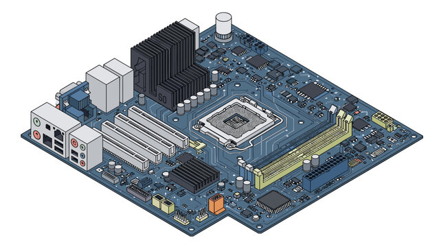Detailed high-tech computer motherboard illustration showing various electronic components and circuit architecture.